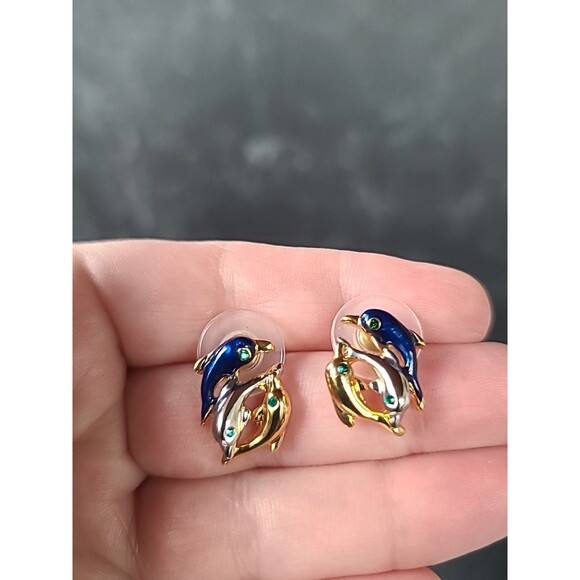 Dolphin Enamel Rhinestone Stud Earrings Vintage Costume Jewelry - Picture 1 of 10